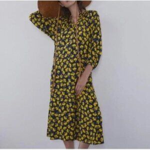 Zara Collection Yellow Navy Floral Boho Button Front Midi Dress Size Small